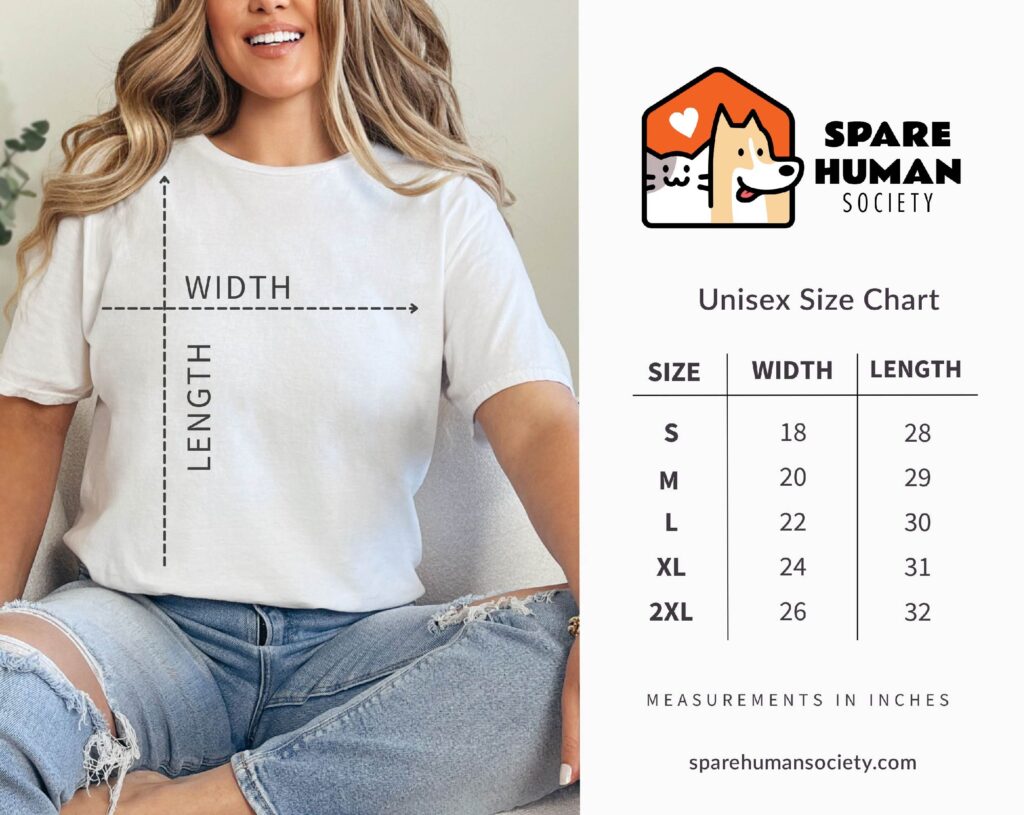 Spare Human Society unisex t-shirt size chart with a smiling woman wearing a plain white shirt showing width and length measurement lines, plus a table listing US sizes S to 2XL.