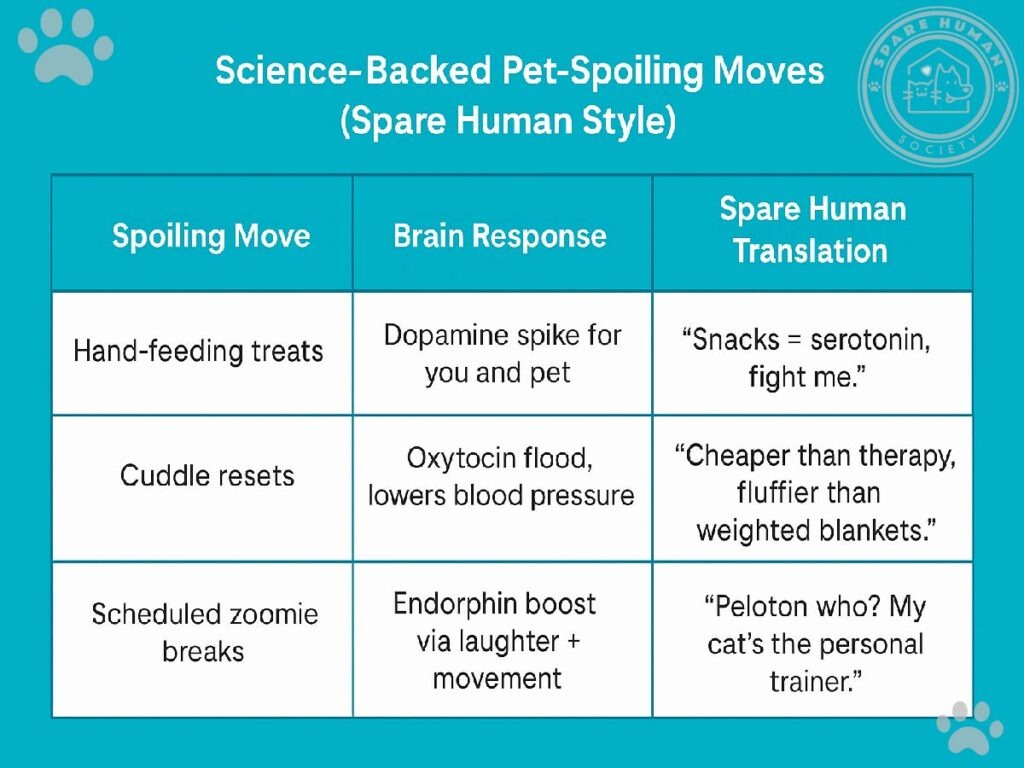 Spare Human science table showing hand-feeding treats, cuddle resets, and scheduled zoomie breaks with dopamine, oxytocin, and endorphin benefits.